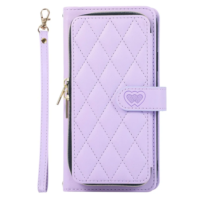 For Samsung Galaxy S24 Ultra Case with Hand Strap Zipper Rhombus Leather Wallet Cover - Light Purple