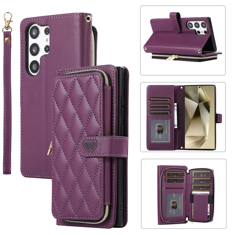 For Samsung Galaxy S24 Ultra Case with Hand Strap Zipper Rhombus Leather Wallet Cover - Dark Purple