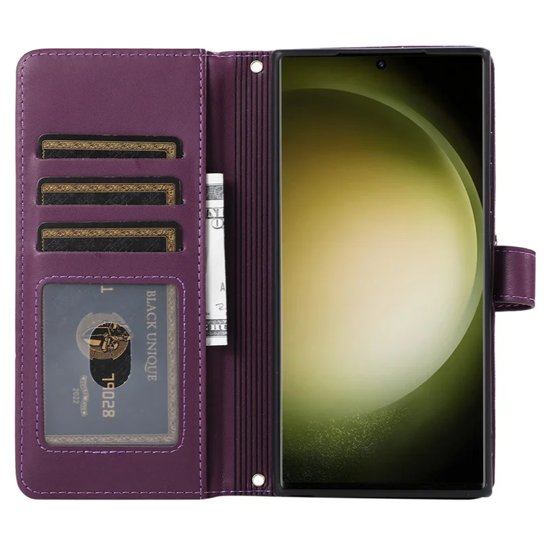 For Samsung Galaxy S24 Ultra Case with Hand Strap Zipper Rhombus Leather Wallet Cover - Dark Purple