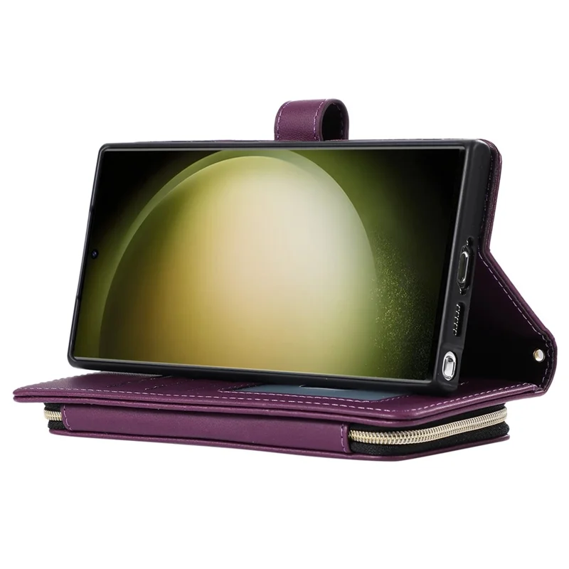 For Samsung Galaxy S24 Ultra Case with Hand Strap Zipper Rhombus Leather Wallet Cover - Dark Purple