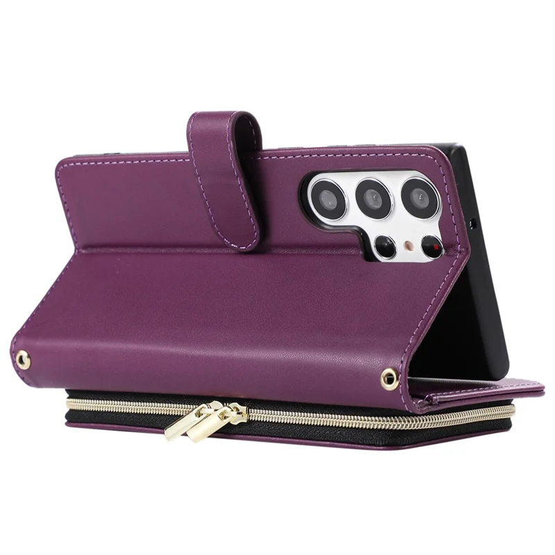 For Samsung Galaxy S24 Ultra Case with Hand Strap Zipper Rhombus Leather Wallet Cover - Dark Purple