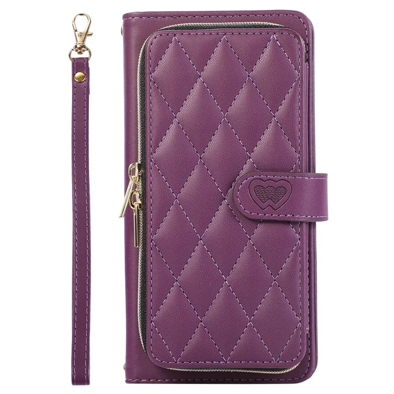 For Samsung Galaxy S24 Ultra Case with Hand Strap Zipper Rhombus Leather Wallet Cover - Dark Purple