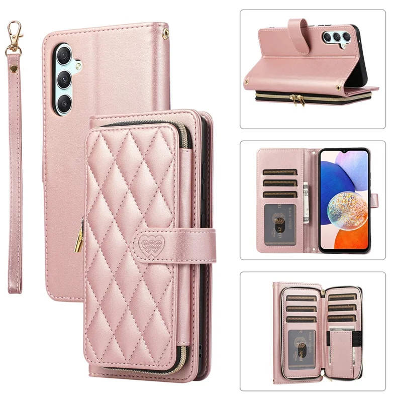 For Samsung Galaxy A14 5G / 4G Leather Case Zipper Pocket Phone Cover with Wrist Strap - Rose Gold