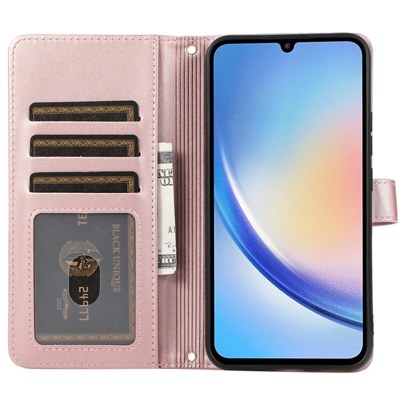 For Samsung Galaxy A14 5G / 4G Leather Case Zipper Pocket Phone Cover with Wrist Strap - Rose Gold