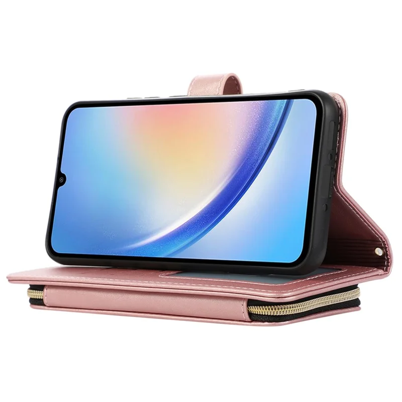 For Samsung Galaxy A14 5G / 4G Leather Case Zipper Pocket Phone Cover with Wrist Strap - Rose Gold