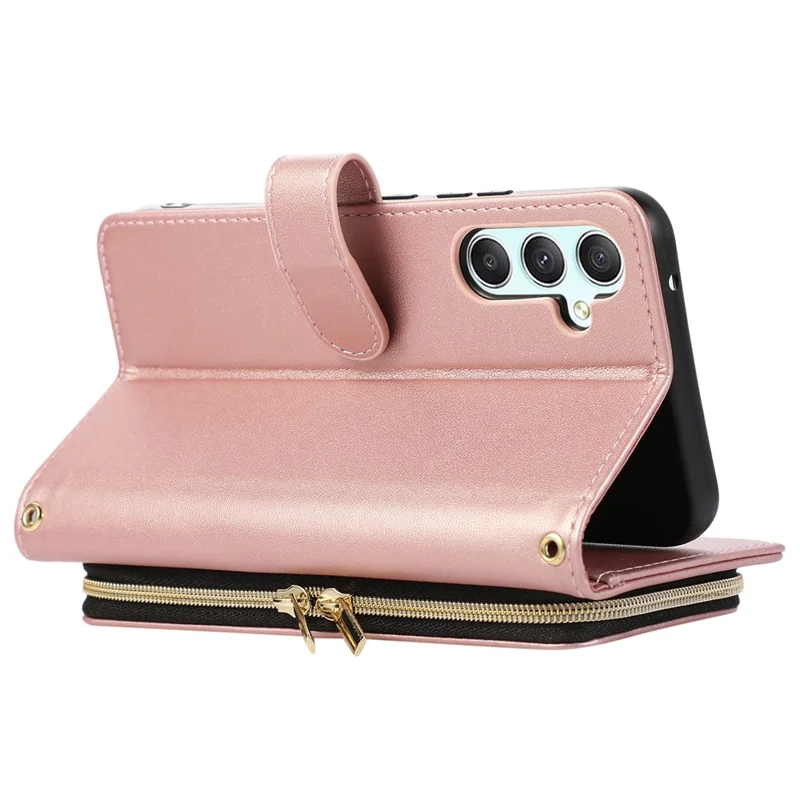 For Samsung Galaxy A14 5G / 4G Leather Case Zipper Pocket Phone Cover with Wrist Strap - Rose Gold