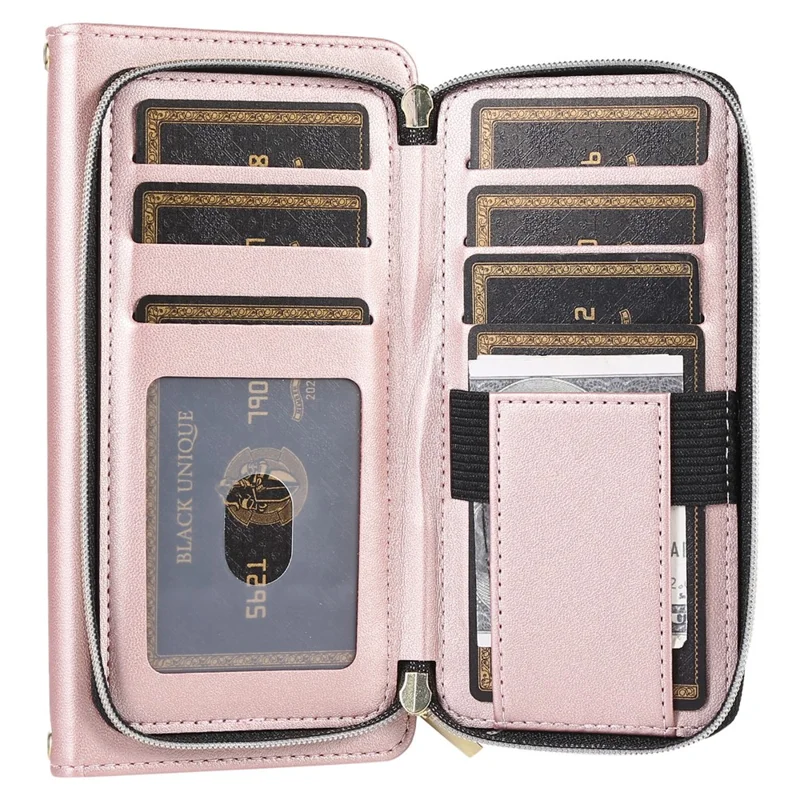 For Samsung Galaxy A14 5G / 4G Leather Case Zipper Pocket Phone Cover with Wrist Strap - Rose Gold