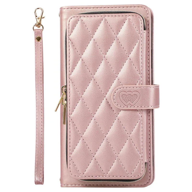For Samsung Galaxy A14 5G / 4G Leather Case Zipper Pocket Phone Cover with Wrist Strap - Rose Gold