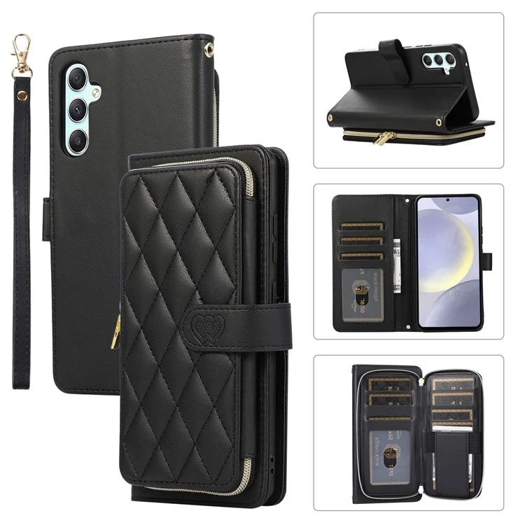 Para Samsung Galaxy S24 Capa Case PU Leather Zipper Pocket Stand Handbag Phone Cover - Preto