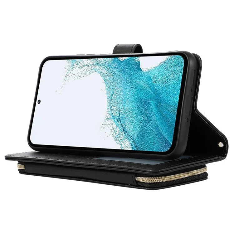 Para Samsung Galaxy S24 Capa Case PU Leather Zipper Pocket Stand Handbag Phone Cover - Preto