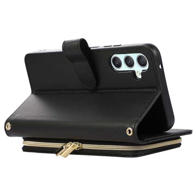 Para Samsung Galaxy S24 Capa Case PU Leather Zipper Pocket Stand Handbag Phone Cover - Preto