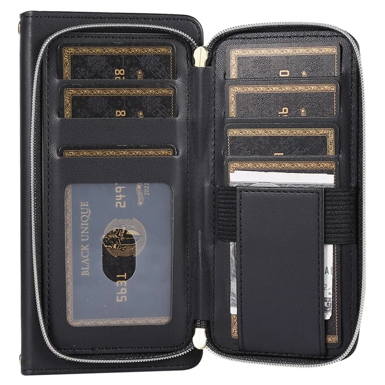 Para Samsung Galaxy S24 Capa Case PU Leather Zipper Pocket Stand Handbag Phone Cover - Preto