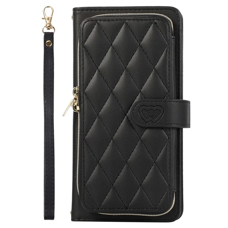 Para Samsung Galaxy S24 Capa Case PU Leather Zipper Pocket Stand Handbag Phone Cover - Preto