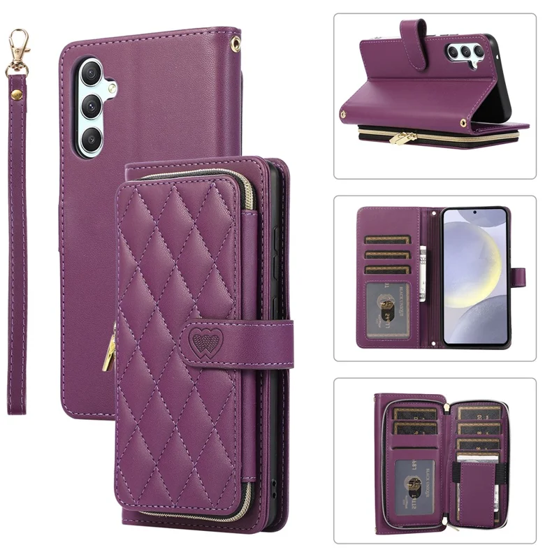 For Samsung Galaxy S24 Case PU Leather Zipper Pocket Stand Handbag Phone Cover - Dark Purple