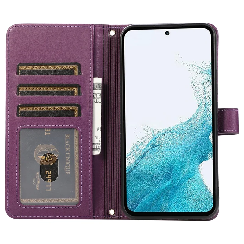 For Samsung Galaxy S24 Case PU Leather Zipper Pocket Stand Handbag Phone Cover - Dark Purple