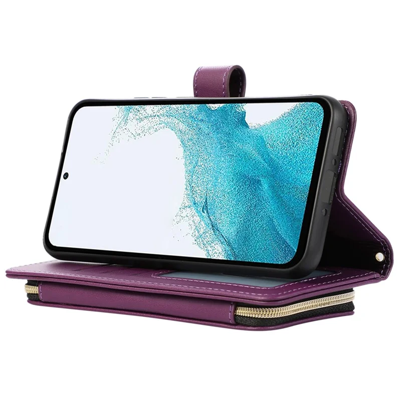 For Samsung Galaxy S24 Case PU Leather Zipper Pocket Stand Handbag Phone Cover - Dark Purple