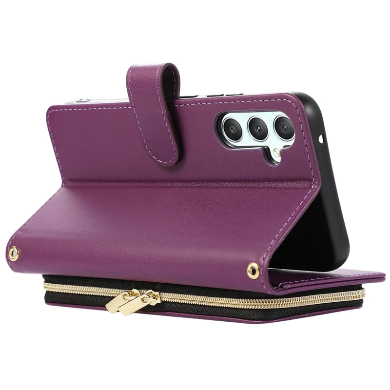 For Samsung Galaxy S24 Case PU Leather Zipper Pocket Stand Handbag Phone Cover - Dark Purple