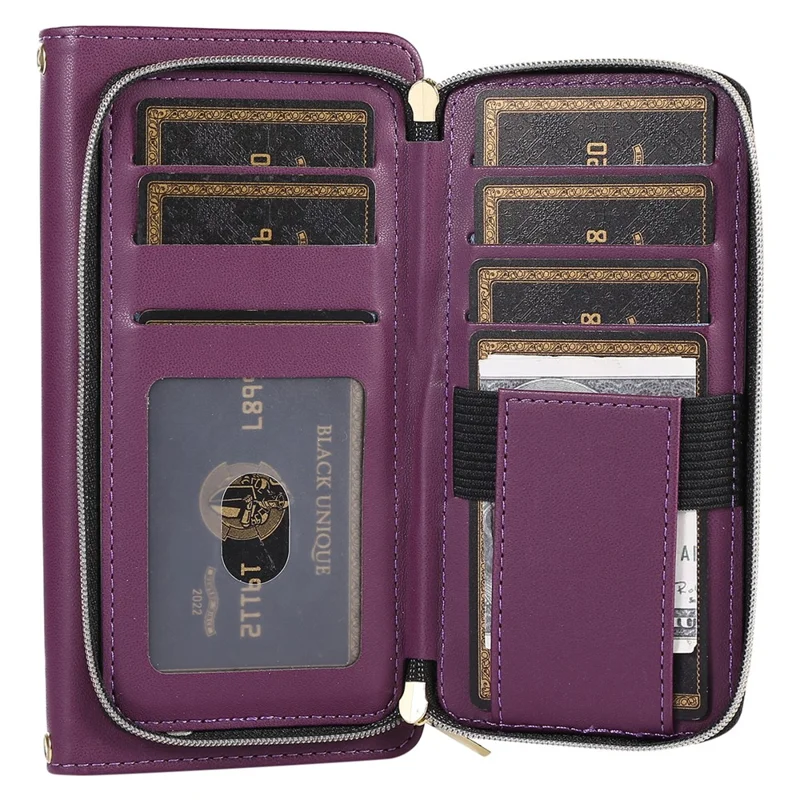 For Samsung Galaxy S24 Case PU Leather Zipper Pocket Stand Handbag Phone Cover - Dark Purple