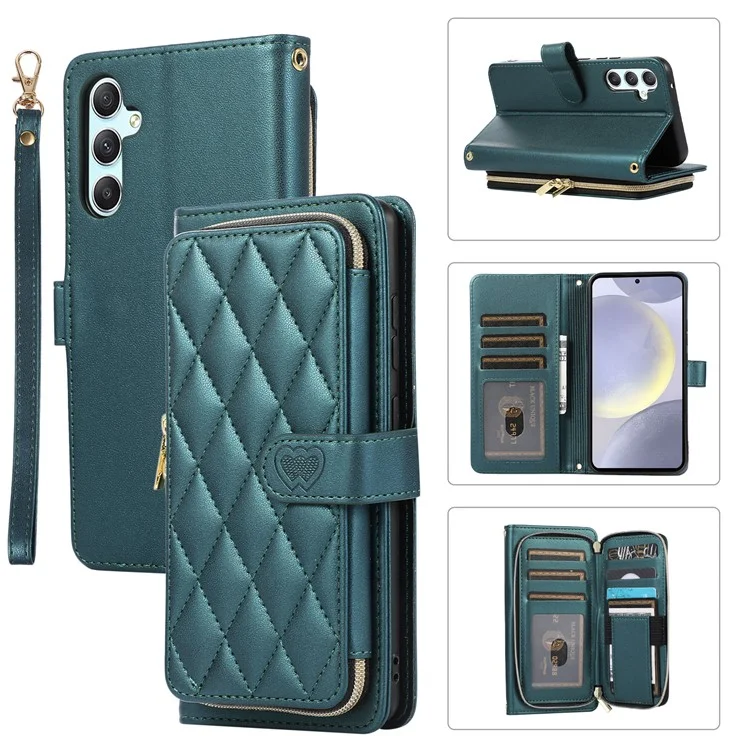 Funda para Samsung Galaxy S24+ Caja de Cuero PU Rhombus Zipper Cover con Correa para la Muñeca - Verde