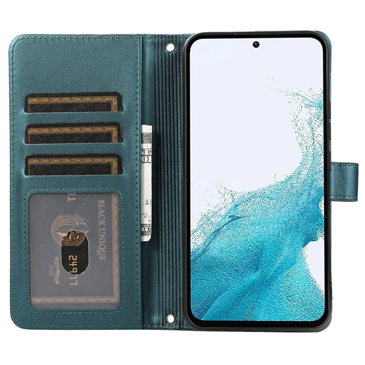 Funda para Samsung Galaxy S24+ Caja de Cuero PU Rhombus Zipper Cover con Correa para la Muñeca - Verde