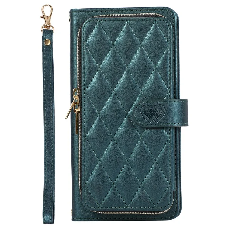 Funda para Samsung Galaxy S24+ Caja de Cuero PU Rhombus Zipper Cover con Correa para la Muñeca - Verde