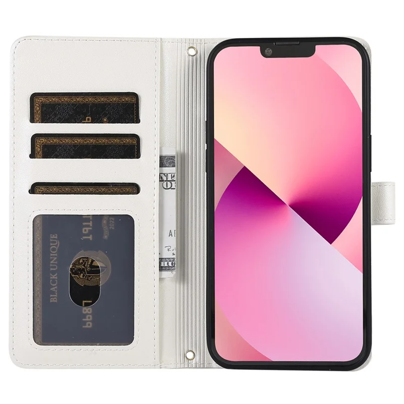 For iPhone 14 Case Leather Handbag Magnetic Closure Zipper Pocket Phone Cover - White