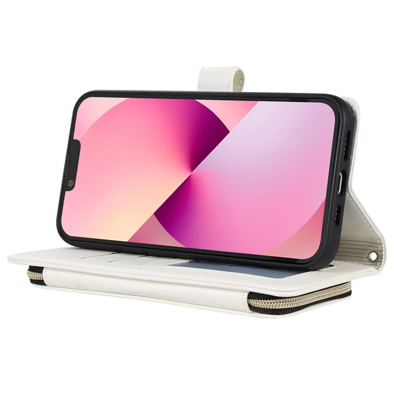 For iPhone 14 Case Leather Handbag Magnetic Closure Zipper Pocket Phone Cover - White