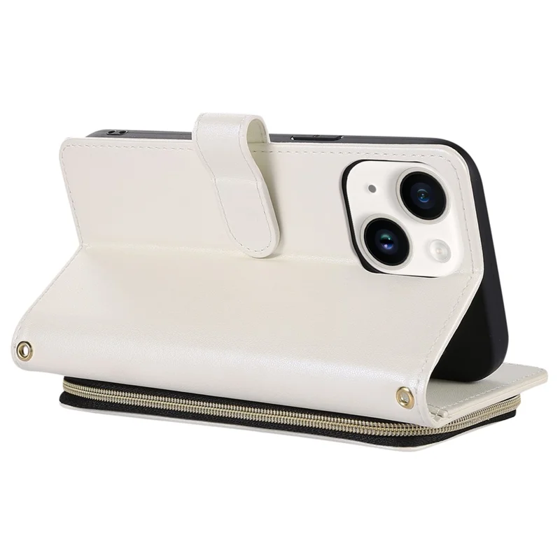 For iPhone 14 Case Leather Handbag Magnetic Closure Zipper Pocket Phone Cover - White