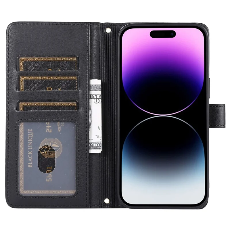 For iPhone 14 Pro Max Wallet Case Folio PU Leather Stand Rhombus Phone Cover with Hand Strap - Black