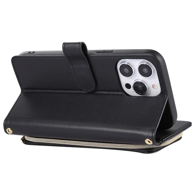 For iPhone 14 Pro Max Wallet Case Folio PU Leather Stand Rhombus Phone Cover with Hand Strap - Black
