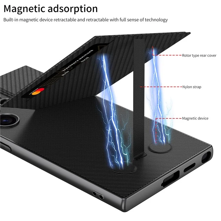 GKK For Samsung Galaxy S24 Ultra Phone Case Rotatable Card Holder Kickstand PC+PU Mobile Case - Carbon Fiber