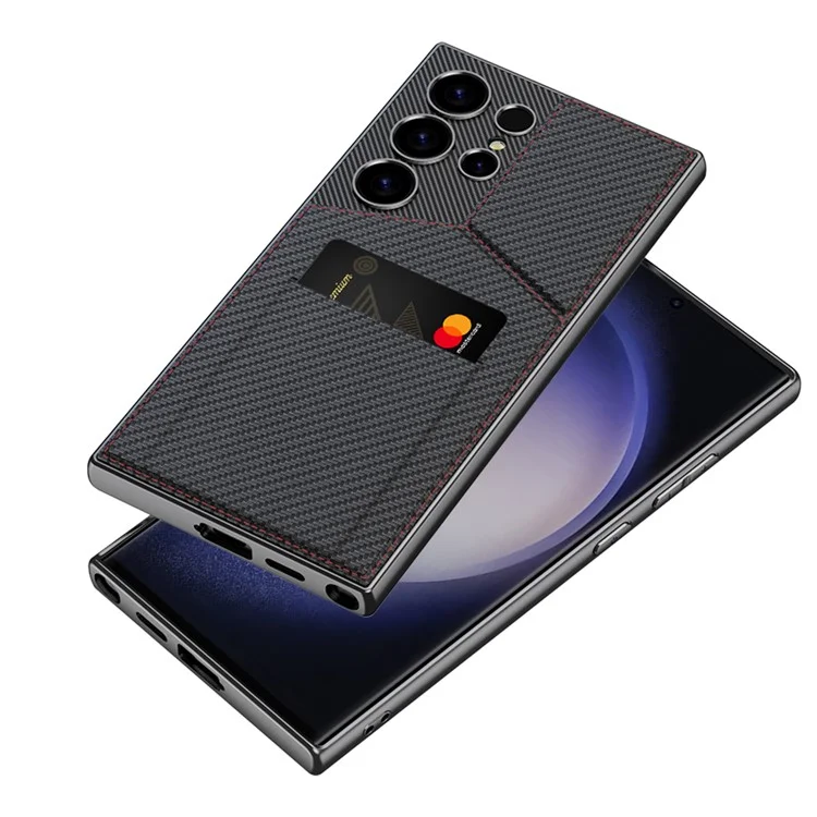 GKK For Samsung Galaxy S24 Ultra Phone Case Rotatable Card Holder Kickstand PC+PU Mobile Case - Carbon Fiber