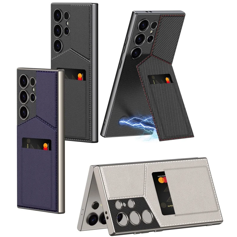 GKK For Samsung Galaxy S24 Ultra Phone Case Rotatable Card Holder Kickstand PC+PU Mobile Case - Titanium Gray