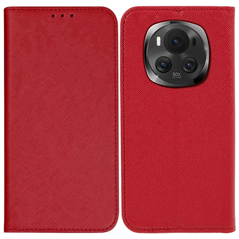 For Honor Magic6 5G Case Cross Texture Leather Wallet Cover Magnetic Closing - Red
