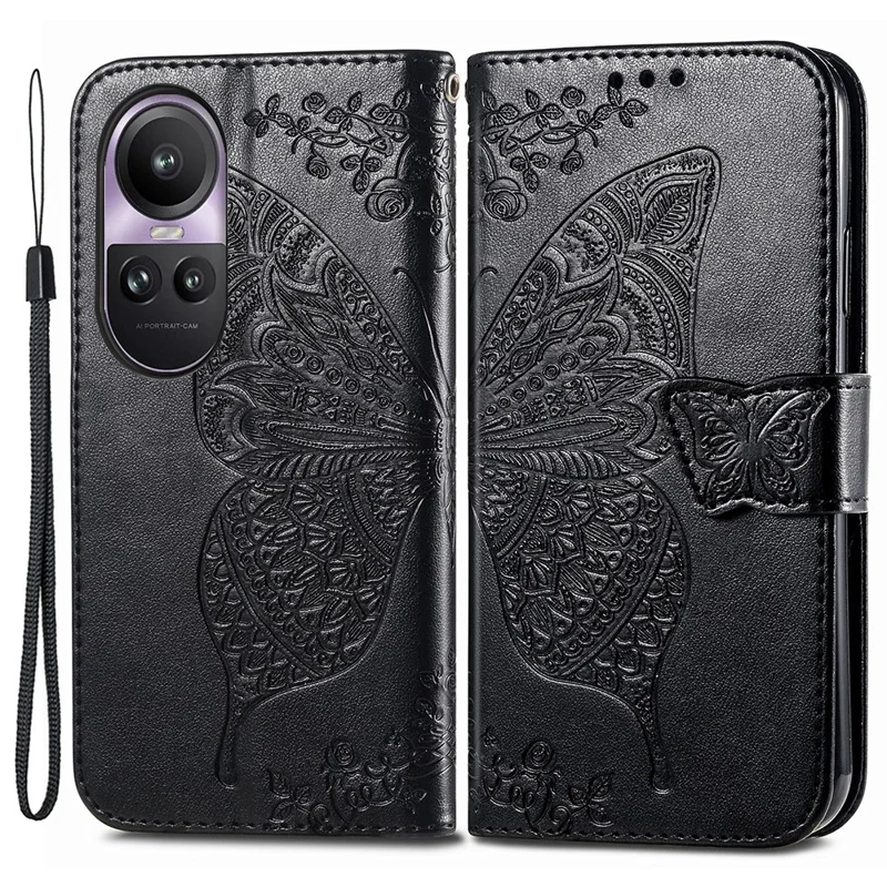 For Oppo Reno10 Pro 5G (Global) Case Wallet Leather Phone Cover Butterfly Flower Pattern - Black