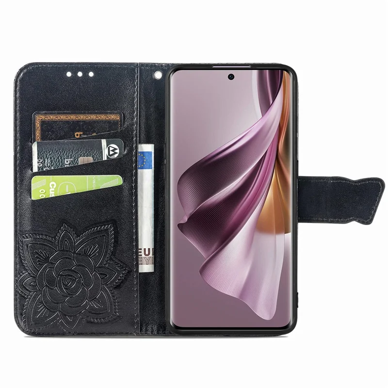 Pour Oppo Reno10 Pro 5G (global) Portefeuille Couivre en Cuir Cover Butterfly Flower Match - Noir