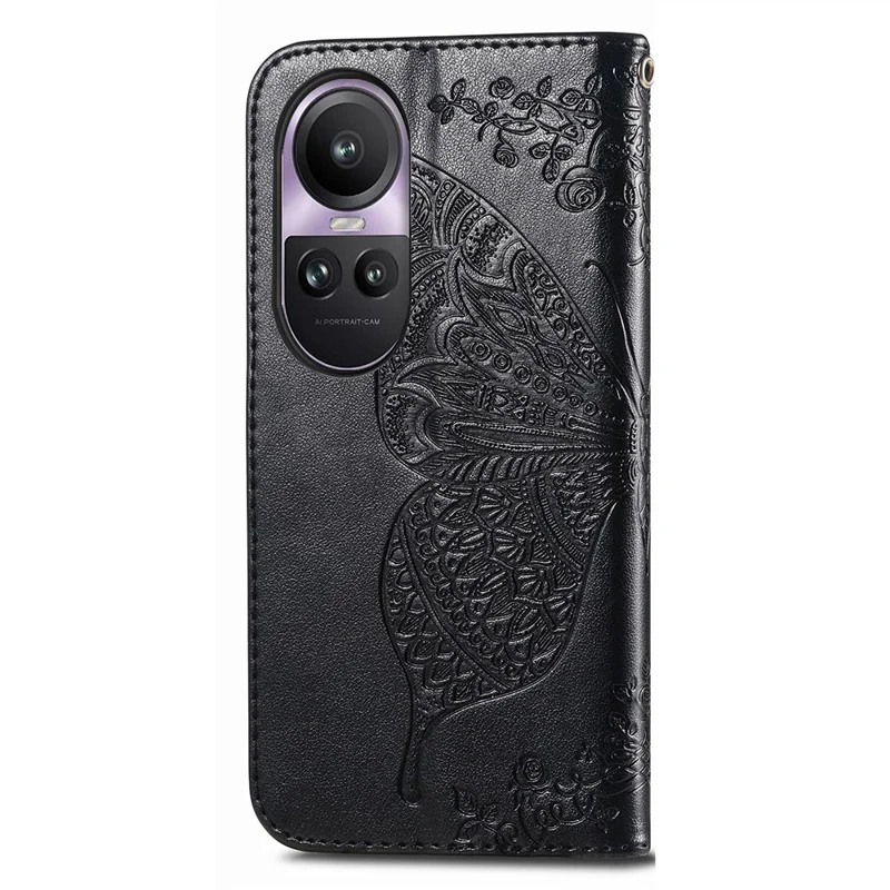 For Oppo Reno10 Pro 5G (Global) Case Wallet Leather Phone Cover Butterfly Flower Pattern - Black