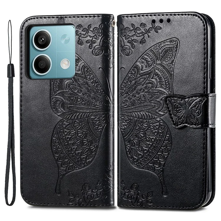 For Xiaomi Redmi Note 13 4G Leather Case Wallet Card Holder Butterfly Phone Cover - Black