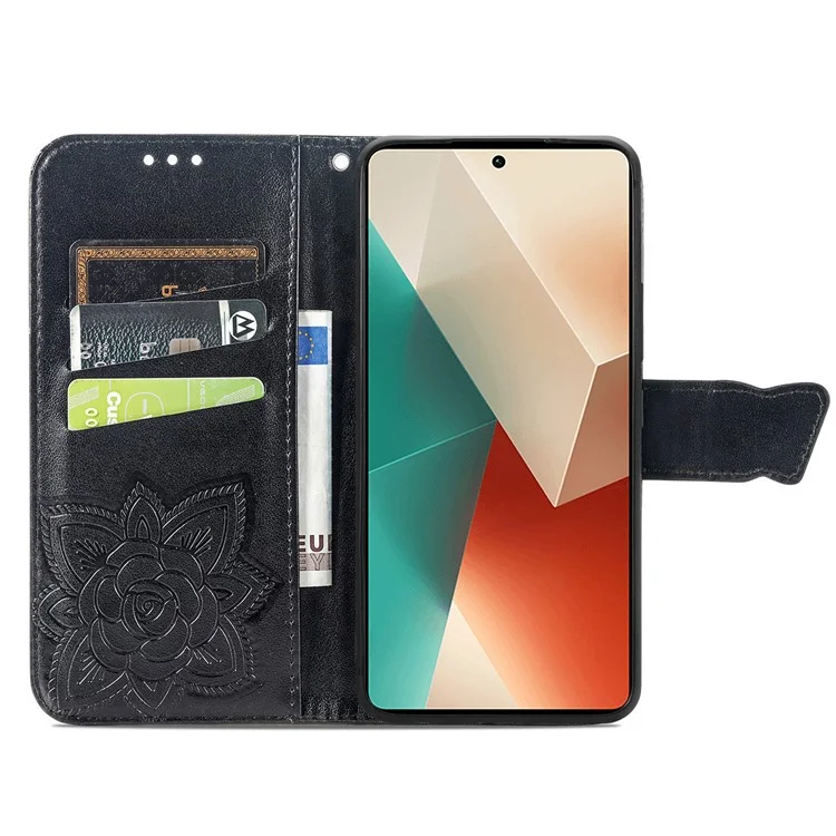 For Xiaomi Redmi Note 13 4G Leather Case Wallet Card Holder Butterfly Phone Cover - Black