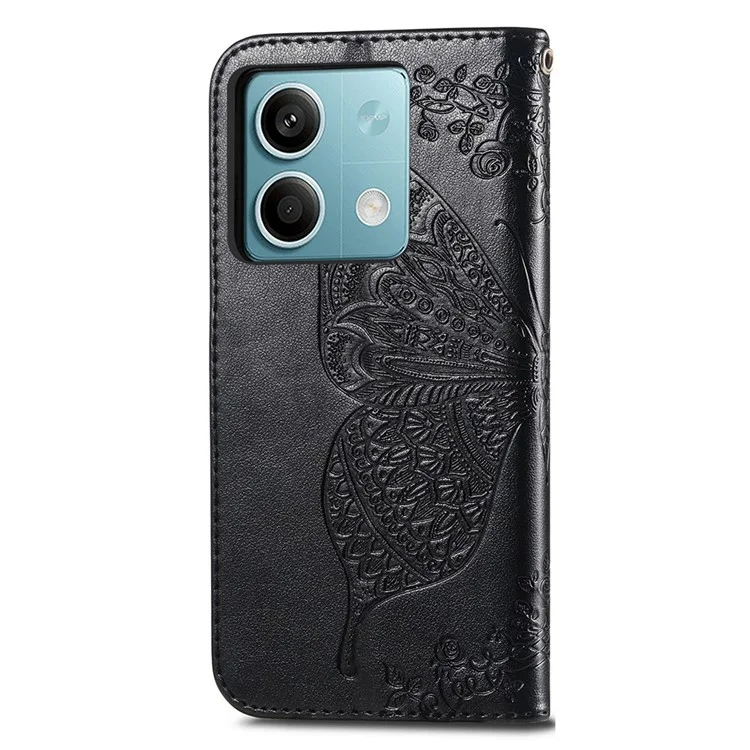 For Xiaomi Redmi Note 13 4G Leather Case Wallet Card Holder Butterfly Phone Cover - Black