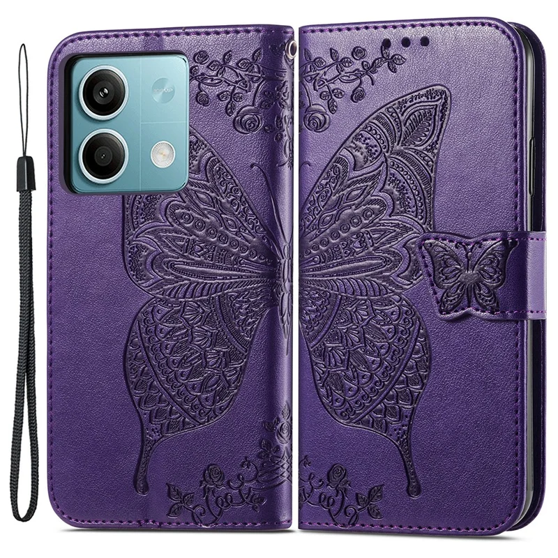 For Xiaomi Redmi Note 13 4G Leather Case Wallet Card Holder Butterfly Phone Cover - Dark Purple