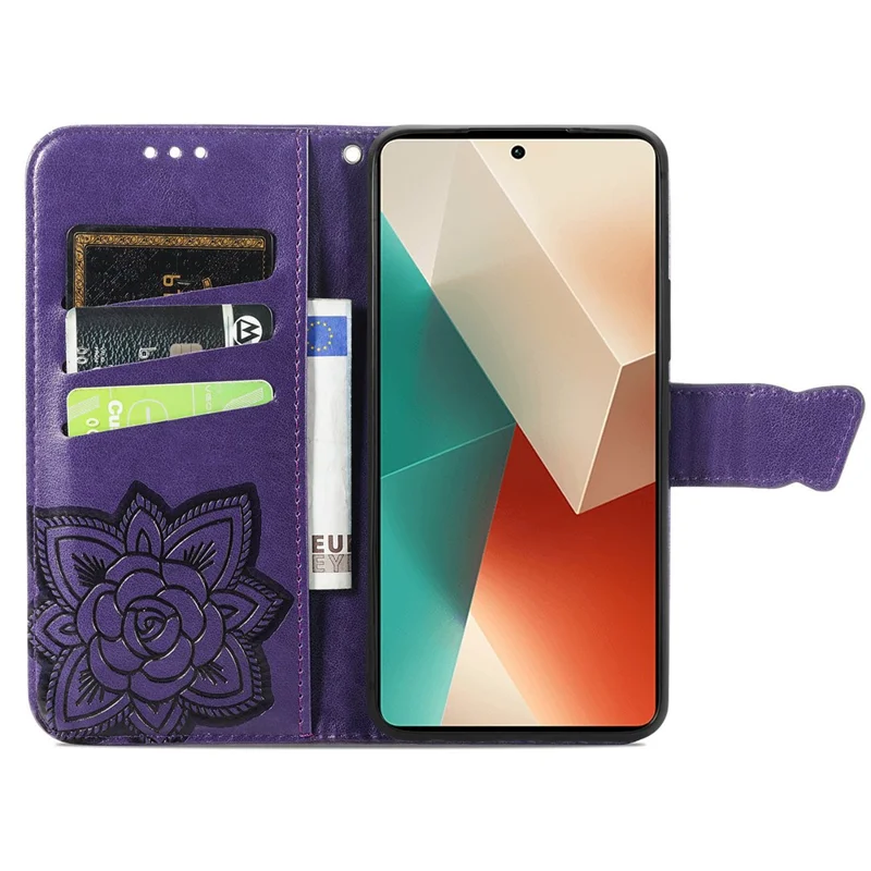 For Xiaomi Redmi Note 13 4G Leather Case Wallet Card Holder Butterfly Phone Cover - Dark Purple