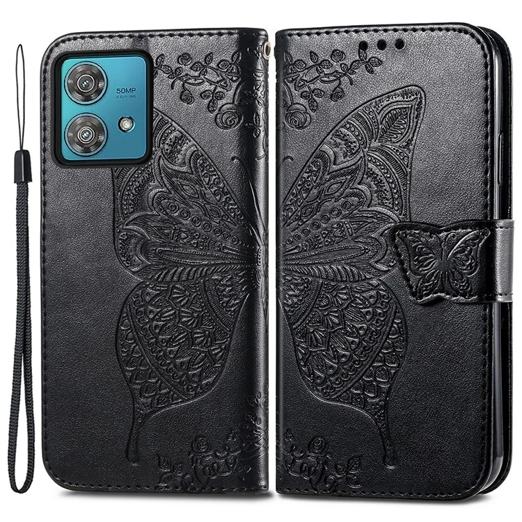 For Motorola Edge 40 Neo 5G Case Butterfly Imprinted Wallet Phone Cover with Card Slots - Black