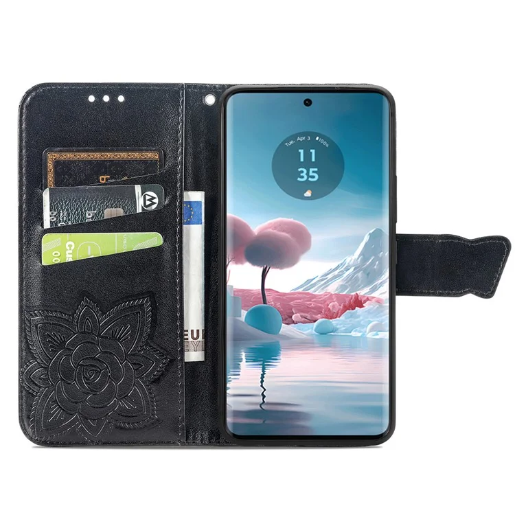 For Motorola Edge 40 Neo 5G Case Butterfly Imprinted Wallet Phone Cover with Card Slots - Black