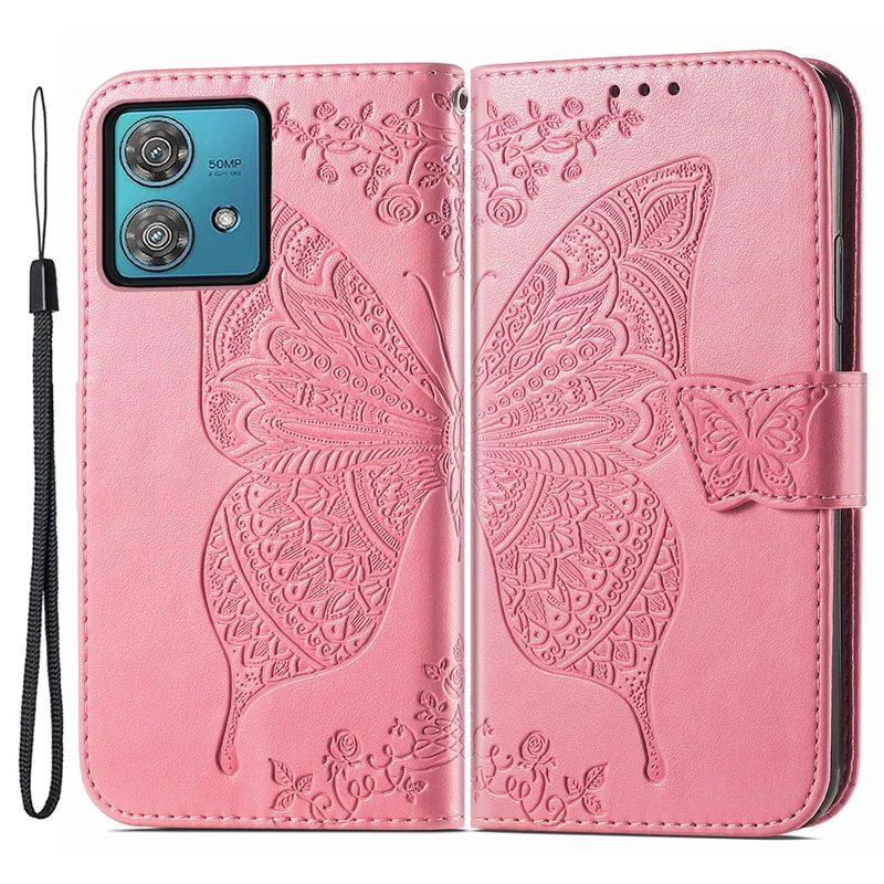 For Motorola Moto G84 5G Case Butterfly Imprinted Leather Wallet Phone Cover with Stand - Pink