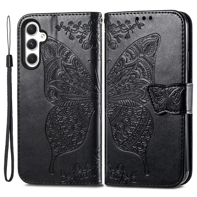Para Samsung Galaxy A55 5G Funda de teléfono celular Funda de cuero con estampado de mariposa - Negro