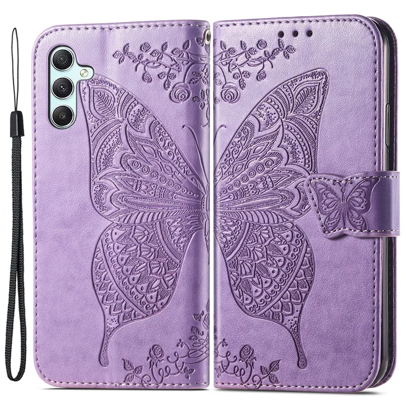 For Samsung Galaxy A35 5G Leather Case Butterfly Imprinted Phone Cover with Wrist Strap - Light Purple