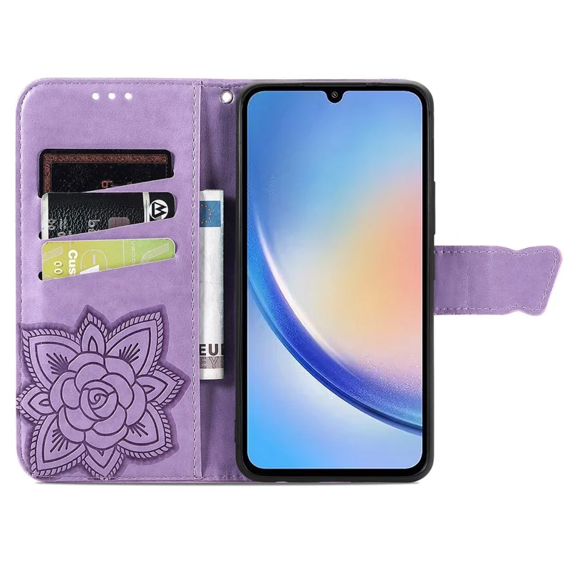 For Samsung Galaxy A35 5G Leather Case Butterfly Imprinted Phone Cover with Wrist Strap - Light Purple