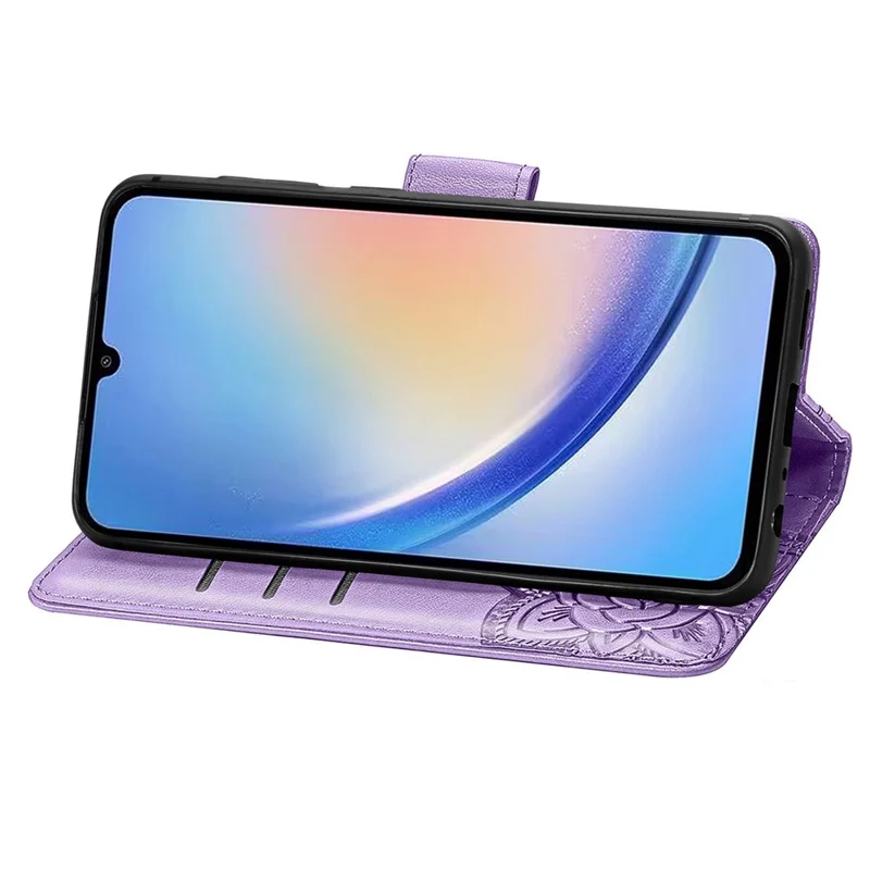 For Samsung Galaxy A35 5G Leather Case Butterfly Imprinted Phone Cover with Wrist Strap - Light Purple