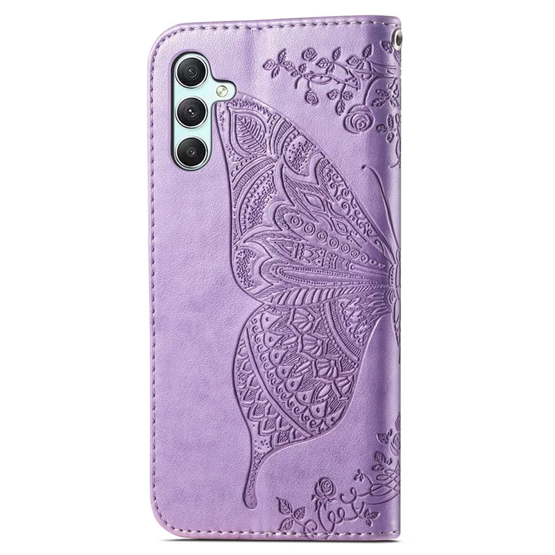 For Samsung Galaxy A35 5G Leather Case Butterfly Imprinted Phone Cover with Wrist Strap - Light Purple